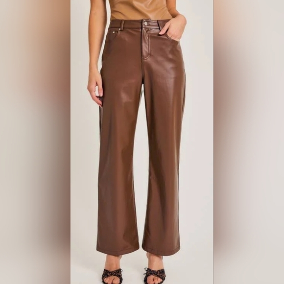 NWT LELIS  High Waist Faux Leather Long Pants: Brown M - Picture 2 of 9